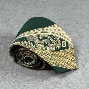 Vintage 70s Beau Brummell Green Gold Paisley Geometric Wide Tie 58x3.75 in